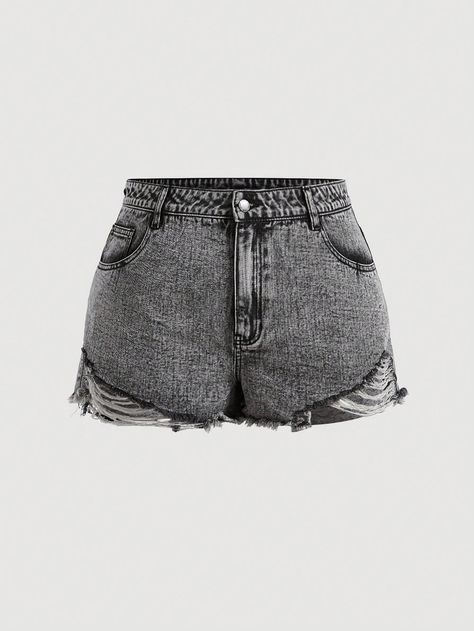 Grey  Collar  Denim Plain Straight Leg Embellished Non-Stretch  Women Plus Clothing Plus Size Denim Shorts, Jean Short Outfits, Plus Size Denim, Short Jeans, Shorts Jeans, Short En Jean, Grey Shorts, Jean Outfits, Plus Clothing