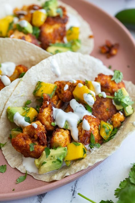 These Chipotle Tofu Tacos are so simple to make and are going to be your NEW favorite way to substitute meat in your tacos! The tofu turns out crispy and packed with flavor- this is definitely one for the tofu skeptics out there! Chipotle Tofu Tacos, Tofu Tacos Air Fryer, Fried Tofu Tacos, Tofu Street Tacos, Mexican Tofu Recipes, Tofu Appetizer Recipes, Tofu Tacos Recipes, Tofu Quesadilla, Taco Tofu