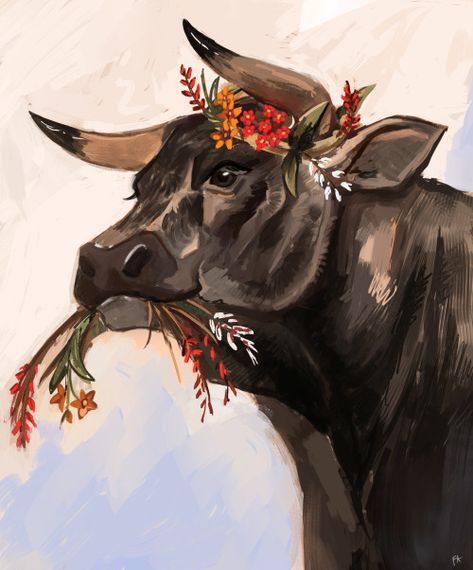 Bull Fursona, Cows Drawing, Bull Aesthetic, Bull Illustration, Bull Artwork, Cow Paintings, Grazing Cow, Illustration Kunst, Bull Art