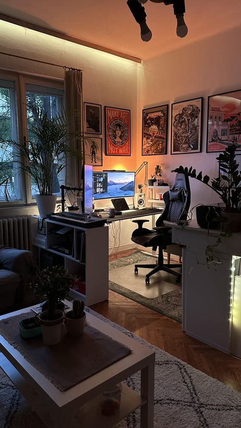 Living Room Gaming Setup, Mens Living Room, Boy Apartment, Design Studio Workspace, Bedroom Setup, Gaming Room Setup, Home Office Setup, Room Setup, Apartment Inspiration