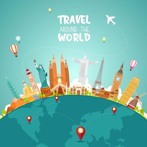 Travel around the world concept with landmarks on globe Travel Instagram Post, Globe Vector, Instagram Template Free, 7 Wonders, Ig Templates, Templates For Instagram, Travel Globe, Creative Invitations, Animation Artwork