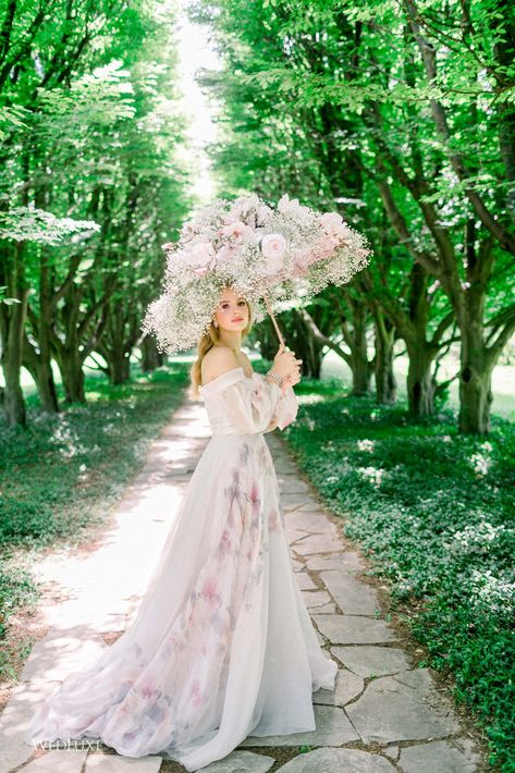 Versailles Gardens - WedLuxe Magazine Flower Umbrella Photoshoot, Bride Umbrella, Wedding Dresses Floral, Umbrella Photoshoot, Colorful Wedding Dress, Versailles Gardens, Flower Umbrella, Bridal Umbrella, Floral Umbrellas