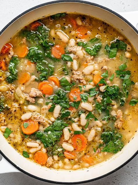 Kale and White Bean Sausage Soup - Sandra Valvassori Bean Sausage Soup, White Bean Sausage Soup, White Bean Sausage, Kale And Bean Soup, Bean Sausage, Kale And White Bean, Bean And Sausage Soup, White Bean Kale Soup, Ground Turkey Soup