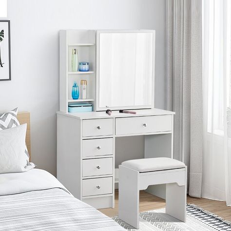 Ebern Designs Demarion Dressing Table Set with Mirror | Wayfair.co.uk Simple Dressing Table Designs, Simple Dressing Table, Modern Dressing Table, Small Dressing Table, Table Makeup, Mirror Shelf, White Dressing Tables, White Chest Of Drawers, Sliding Mirror