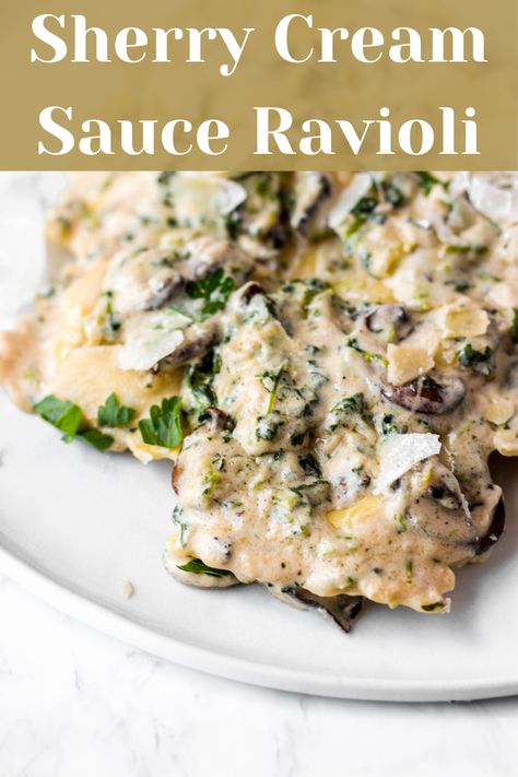 A hearty and filling ravioli sauce! Sherry cream sauce is packed with sauteed mushrooms and spinach, and Parmesan cheese! The perfect cream sauce to add to your ravioli, or any pasta! An easy pasta dinner for a busy weeknight. Mushroom Ravioli With Cream Sauce, Sauce For Mushroom Ravioli, Cream Sauce Ravioli, Mushroom Cream Sauce Pasta, Mushroom Ravioli Sauce, Sauce For Ravioli, Sherry Cream Sauce, Sherry Sauce, Vegetarian Pasta Recipe