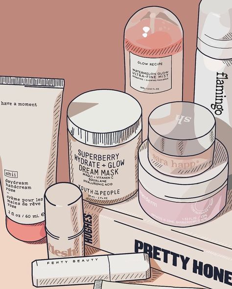 Organised Skincare Draw, Beauty Products Illustration, Makeup Drawing Illustration, Skin Care Art Illustration, Skincare Aesthetic Illustration, Skincare Illustration Art, Cosmetics Illustration, Dream Mask, Minimalist Skincare