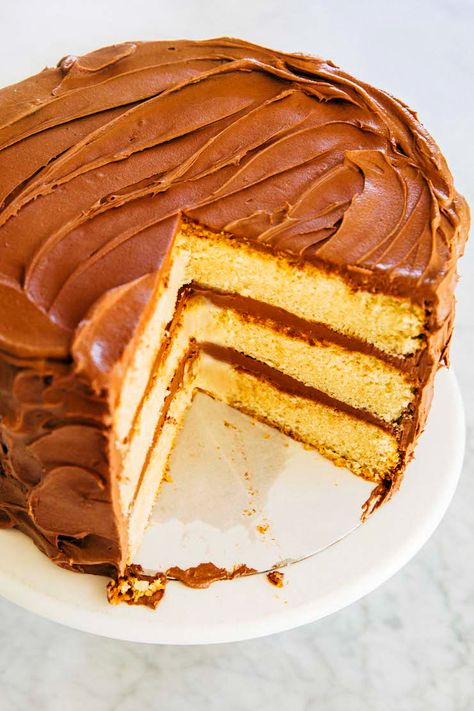 Yellow Cake And Chocolate Frosting, Yellow Layer Cake With Chocolate Icing, Yellow Chocolate Cake, Layer Cakes Recipes, Yellow Cake Chocolate Frosting, Yellow Layer Cake, Yellow Cake With Chocolate Frosting, Chocolate Icing Recipes, Buttermilk Yellow