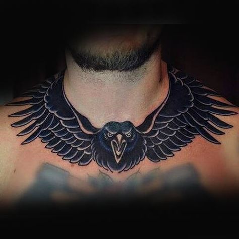 Flying Crow Collar Bone Tattoos For Men Collarbone Tattoo Ideas, Collar Bone Tattoos, Natur Tattoo Arm, Collar Bone Tattoo For Men, Collar Tattoo, Full Neck Tattoos, Wing Tattoo Men, Clavicle Tattoo, Collarbone Tattoo