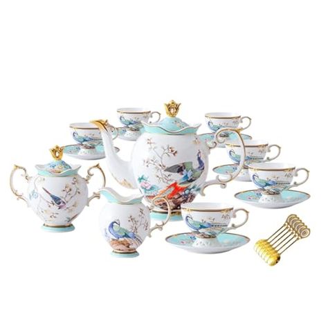 ACMLIFE Bone China Tea Set - Blue and White Fine China Tea Set for 6, 21-Piece Vintage Bone China Coffee Tea Set English Porcelain Tea Sets for Adult with Teapot for Women Tea Party (Blue-21) Fine China Tea Set, English Tea Set, Vintage Tea Sets, Tea Party Setting, Bone China Tea Set, Tea Cups And Saucers, Blue Tea, Porcelain Tea Set, Tea Sets Vintage