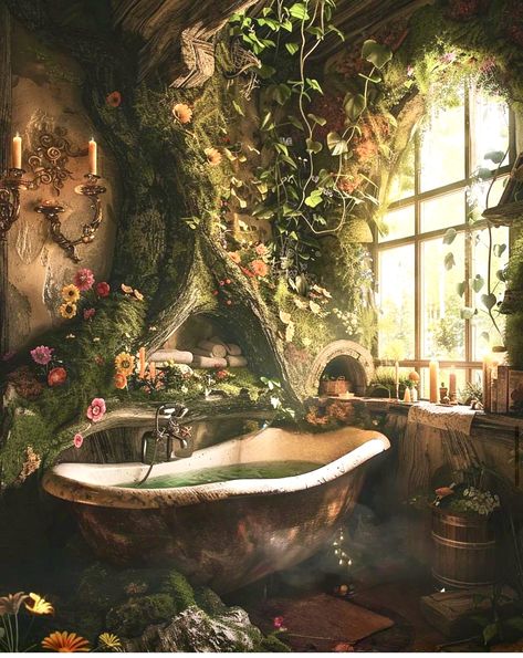 Mossy Bathroom, Enchanted Forest Bathroom, Fairycore Interior, Enchanted Bathroom, Fairytale Room Aesthetic, Fairytale Bathroom, Fantasy Cottage Interior, Cozy Bathtub, Cottage Core Interior Design