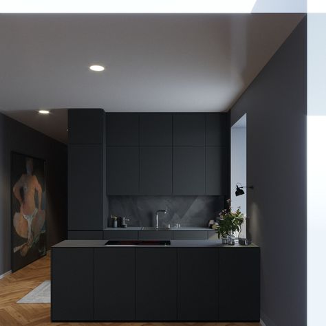 Small Black Kitchen, Modern Industrial Kitchen, Small Modern Kitchens, Interior Design Career, Elegant Kitchen Design, Industrial Kitchen Design, Kitchen Black, Dark Kitchen, Diy Play Kitchen