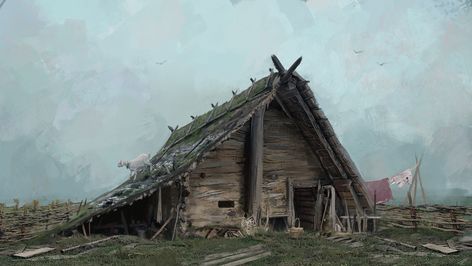 ArtStation - old Slavic dugout house concept, Andrej Rempel Dugout House, Slavic House, Slavic Village, Ancient Japanese Architecture, Old Wooden House, Viking Aesthetic, Viking House, Viking Village, House Concept