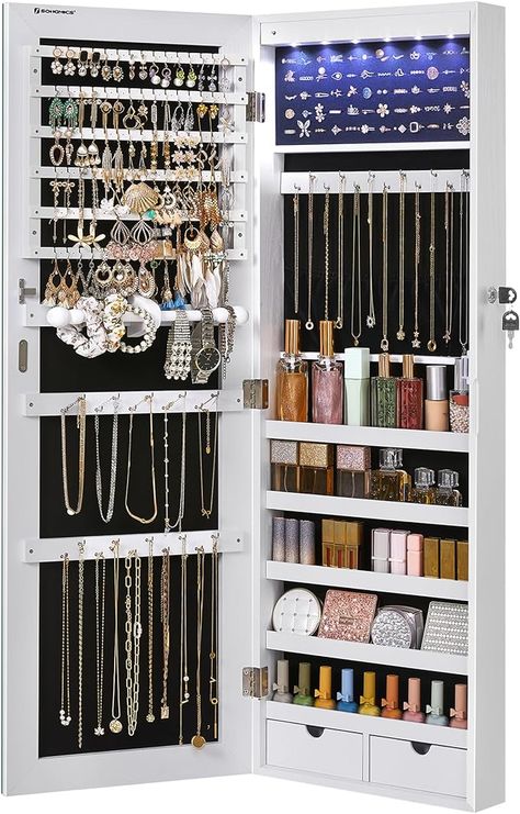 Amazon.com: SONGMICS 6 LEDs Mirror Jewelry Cabinet, 42.5-Inch Tall Lockable Wall or Door Mounted Jewelry Armoire Organizer with Mirror, 2 Drawers, 3.7 x 14.6 x 42.5 Inches, White UJJC99WT : Clothing, Shoes & Jewelry Medicine Cabinet Jewelry Storage, Redecorate Room, Jewelry Storage Wall, Shoe Box Design, Jewelry Table Display, Dark Green Living Room, Wall Mounted Jewelry Armoire, Hacienda Homes, Mounted Cabinet