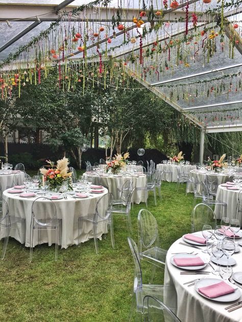 Garden Party Round Table Decor, Garden Party Round Tables, Garden Party Tent Decor, Round Table Garden Party, Clear Chairs Wedding, Transparent Ceiling, Party Tent Decorations, Pastel Decorations, Debut Themes