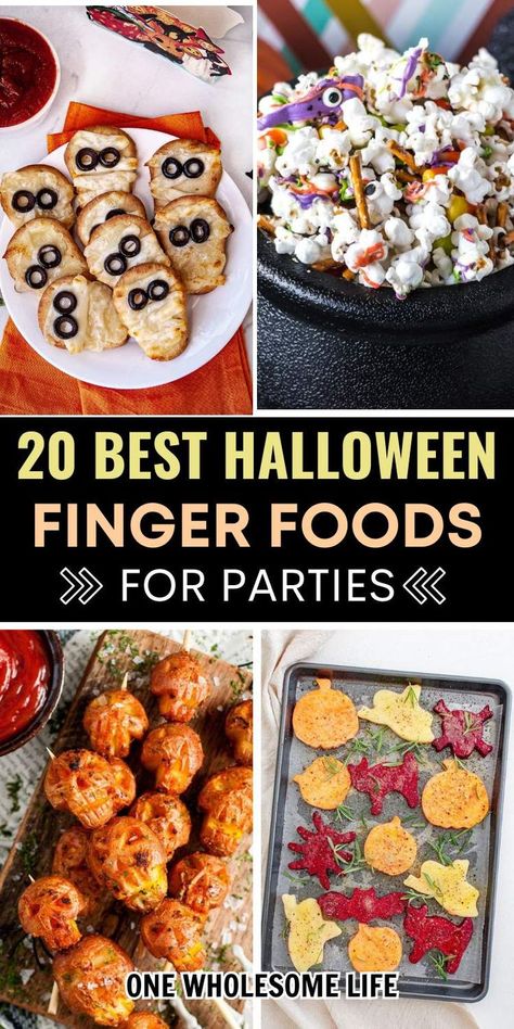 Collage of halloween appetizers. Spooky Party Ideas, Halloween Food For Adults, Adult Halloween Party Food, Healthy Halloween Party Food, Kids Halloween Party Food, Fun Halloween Appetizers, Appetizers For A Party, Party Food For Adults, Fun Halloween Desserts