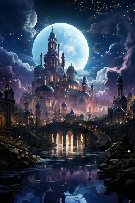 Moon Palace Fantasy Art, Moon City Fantasy Art, Fantasy Palace Art, Fantasy Kingdom Cities, Fantasy Kingdom Aesthetic, Moon Castle, Molecular Cuisine, Kingdom City, Moon Kingdom