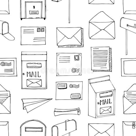 Hand drawn seamless vector pattern. Mail, post, letter, envelope, paper plane,mailbox cartoon Set. Delivery Doodle decorative elem. Ents. Mail and post in sketch stock illustration Mail Doodle, Doodle Envelope, Mail Illustration Design, Mail Drawing, Letter Envelope Drawing, Letter Box Drawing, Envelope Doodle, Mailbox Tattoo, Mail Illustration