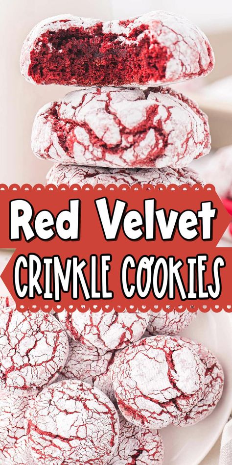 Red Velvet Crinkle Cookies Red Velvet Cake Mix Crinkle Cookies, Red And White Cookies, Red Velvet Cool Whip Cookies, Cake Mix Red Velvet Cookies, Crinkle Cookies With Cool Whip, Red Velvet Christmas Cookies, Red Velvet Cookies With Cream Cheese, Red Velvet Cookies From Cake Mix Easy, Mixed Cookies