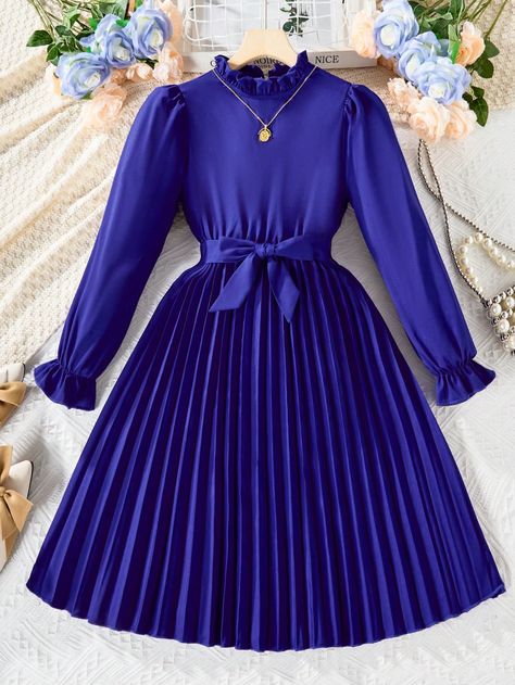 Royal Blue Casual Collar Long Sleeve Fabric Plain A Line Embellished Non-Stretch  Tween Girls Clothing Dress Royal, Fashion Vocabulary, Kids Wardrobe, Royal Blue Dresses, Plain Color, Modest Fashion Outfits, Cosplay Dress, Vestido Casual