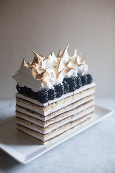 Blackberry Opera Torte (Diva Cake) | ZoëBakes | eat dessert first Opera Torte, Diva Cakes, Opera Cake, Dessert Party, Layered Cake, Oreo Dessert, Fancy Desserts, Plated Desserts, Food Cakes