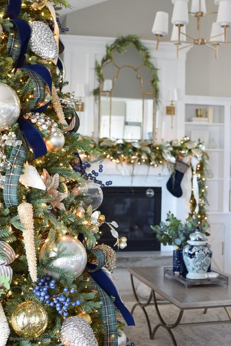 30 Beautiful Houses From the 2019 Holiday Tour of Homes - This is our Bliss Tartan Plaid Christmas, Blue Christmas Decor, Blue Christmas Tree, Tartan Christmas, Gold Christmas Decorations, We're Moving, Christmas Tree Inspiration, White Christmas Decor, Christmas Tree Themes