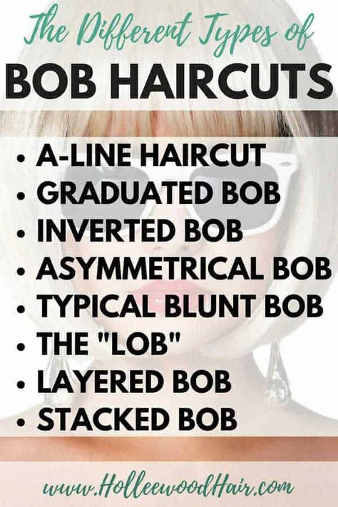 Bob haircuts are kinda amazing..but do you know the difference between a graduated bob, a-line haircut, and the other types of bobs? #HairTips #Hairstyles #HairHacks #HairKnowledge Types Of Bobs, A Line Haircut, Kort Bob, Angled Bob Haircuts, Asymmetrical Bob Haircuts, Graduated Bob, Medium Bob, Stacked Bob Haircut, Wavy Bob Hairstyles