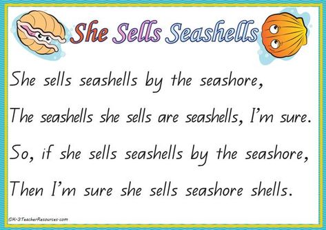 She Sells Seashells by the Seashore - Printable A4 page, large print pages, sentence and word reconstruction. Tongue Twisters In English Short, She Sells Seashells By The Seashore, Funny Anger Quotes, Control Anger Quotes, When Your Angry, Tongue Twisters In English, Tongue Twisters For Kids, Homeschool Themes, Kindergarten Poems