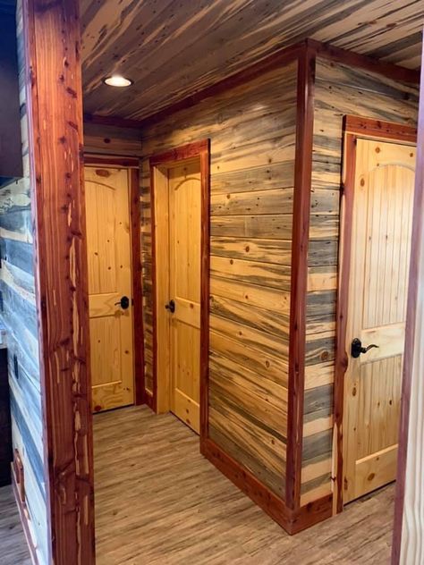 Cedar Wall Paneling, T111 Interior Walls, Blue Pine Walls, Rustic Trim Ideas, Cabin Style Homes, Barn House Interior, Shiplap Wall Diy, Blue Pine, Montana Homes