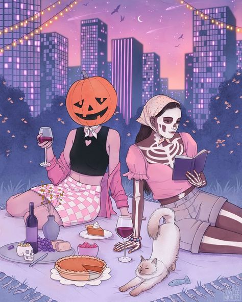 Haylee Morice on Instagram: “A festive picnic 🎃 Do you guys have a favorite part of Halloween? As a kid I remember this one house in our neighborhood would go all out…” Haylee Morice, Halloween Picnic, Picnic Illustration, Picnic Print, Halloween Pin Up, Halloween Post, Halloween Stories, Vibes Art, Halloween Illustration