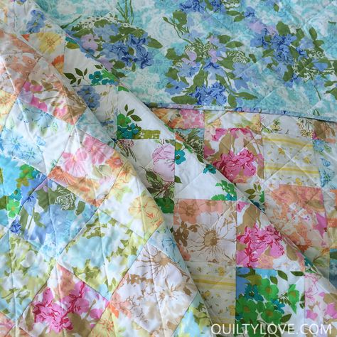 Vintage Sheets quilt [ Take one ] Quilty Love, Retro Quilt, Layer Cake Quilt Patterns, Sheet Quilt, Old Sheets, Layer Cake Quilts, Cottage Quilt, Scrappy Quilt Patterns, Beginner Quilt Patterns