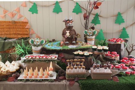 Photo 31 of 47: The Gruffalo / Birthday "I'M HAVING A FEAST WITH A GRUFFALO" | Catch My Party Gruffalo Birthday Party, Birthday Party Cake Table, Gruffalo Party, Party Cake Table, Birthday Party Cups, Second Birthday Ideas, The Gruffalo, Kids Party Food, Camping Decor