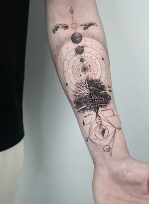 World Tree Tattoo, Galaxy Tattoo Ideas, Esoteric Tattoo, Perspective Tattoos, Geometric Tattoo Sleeve Designs, Geometric Line Tattoo, Catrina Tattoo, Aesthetic Tattoos, Full Sleeve Tattoo Design