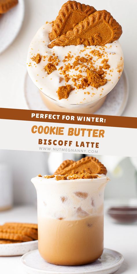 Ice Coffee Flavors, Apple Butter Latte, Cookie Butter Coffee Creamer, Biscoff Drinks Recipes, Iced Cookie Butter Latte, Snickerdoodle Latte Recipe, Winter Cafe Drinks, Cookie Butter Syrup, Coffee Bombshell Recipe