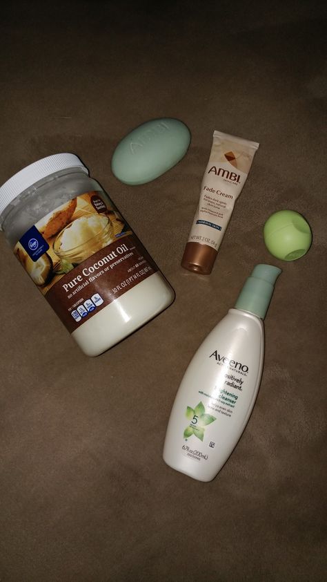 Current goal- acne scars 1)Ambi skincare bar soap - works well, leaves face a little sticky 2)Aveeno brightening cleanser- great for getting dirt off the face and fading acne scars 3)Ambi fade cream- a little goes a long way, smells good 4)pure coconut oil- I only use this at night for eyebrows, lashes, and lips 5) eos lip balm- I use during the daytime, may cause skin problems for sensitive skin Coconut Oil Eyebrows, Ambi Fade Cream, Ambi Skincare, Hydrogen Peroxide Acne, Coconut Oil Remedies, Diy Night Cream, Homemade Facial Cleanser, Oils For Scars, Coconut Oil For Acne