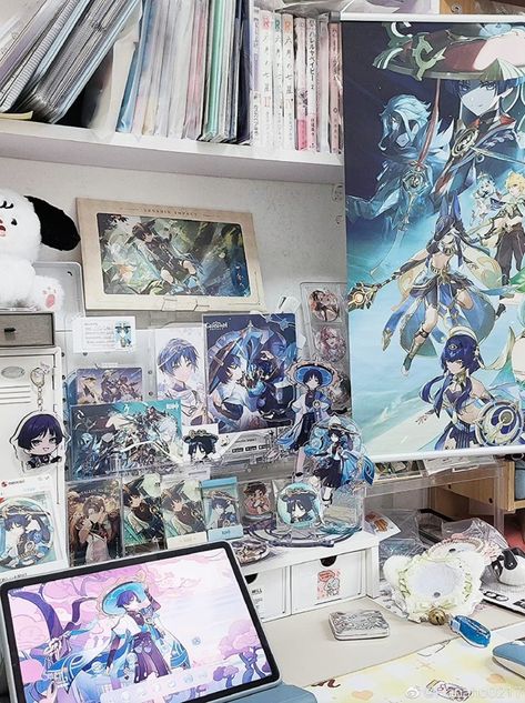 Genshin Impact Bedroom Ideas, Merch Room Ideas, Room Ideas Genshin, Genshin Impact Room Decor Ideas, Genshin Themed Room, Genshin Room Ideas, Genshin Impact Bedroom, Room Anime Ideas, Anime Shrine Bedroom