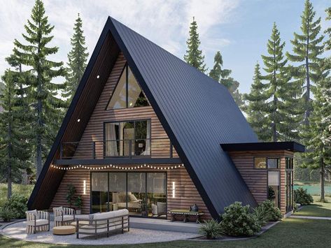 050H-0465: Two-Story A-Frame House Plan; 2007 sf Metal Frame House Plans, Modern A Frame Cabin, A Frame Cabin Plans, A Frame Cabins, A Frame House Plans, Frame Cabin, Cabin House Plans, Casas The Sims 4, Cedar Siding