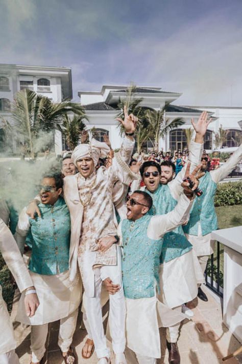 During the baraat, or wedding procession, the groom's friends and family celebrate by dancing and enjoying the festivities. This joyous moment is captured as a groomsman enjoys the celebration. | JW MARRIOTT RESORT CANCUN WEDDING | Video : Derek Chan | Wedding Film | Indian Wedding Photography | Wedding Vibe | Baraat Celebration | Groom Side Wedding Ideas Indian, Groom Friends Photography, Indian Wedding Bridal Party, Group Of Men Aesthetic, Groomsmen Indian Outfits, Morning Indian Wedding, Indian Wedding Family Photos, Wedding Dance Indian, Groomsmen Indian