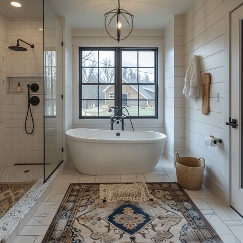 30 Modern Farmhouse bathroom ideas that Inspire You to Redesign Farmhouse Chic House, Farm Houseplans Interior Design Bathroom, Master Bath With Freestanding Tub, Master Bath Modern Farmhouse Bathroom, Farmhouse Bathroom With Tub, His And Hers Bathroom Master Baths, Master Bath Ideas Farmhouse, Traditional Farmhouse Bathroom, Farmhouse Master Bath Ideas