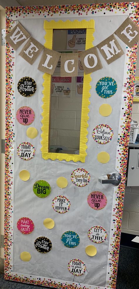 3rd grade classroom door, colorful confetti border, positive affirmations Simple Classroom Door Decor, Confetti Door Decoration, 1st Grade Door Decorations, Pre K Classroom Door Ideas, Confetti Classroom, First Grade Door Decorations, Welcome Prek Classroom Door, Third Grade Door Decorations, Confetti Classroom Decor