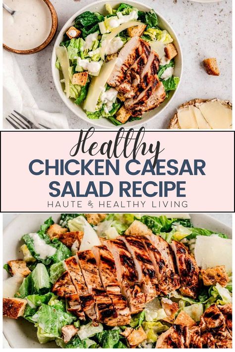 This healthy version of chicken caesar salad is ideal for those who appreciate the classic dish but want to eat it more often without the excess calories! The tangy bite of the caesar dressing is retained in this lighter version prepared with Greek yogurt, while the grilled chicken's flavor is enhanced by the flavorful marinade. Without a doubt, give it a try! #hauteandhealthyliving #chickencaesarsalad #healthydinner #lunchideas #chickenrecipes Chicken For Chicken Caesar Salad, Chicken Seasoning For Caesar Salad, Best Chicken Caesar Salad, Caesar Salad Healthy, Chicken Ceasar Salad Recipe Meal Prep, Healthy Chicken Ceaser Salads, Healthy Chicken Caesar Salad, Healthy Chicken Caesar Pasta Salad, Best Chicken Caesar Salad Recipe