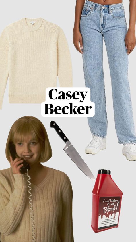 Casey Becker scream easy horror halloween costume inspo/idea perfect for cold weather #caseybecker #scream #drewbarrymore #halloween #halloweenaesthetic #halloweeninspo #halloweencostume #costume Drew Barrymore Scream Costume, Halloween Costume Cold Weather, Halloween Costumes For Cold Weather, Cute Easy Halloween Costumes, Casey Becker, Warm Halloween Costumes, Scream Outfits, Horror Movie Costumes, Scream Costume