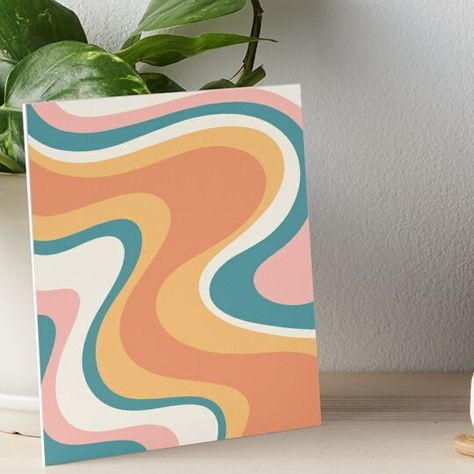 Professionally printed on firm, textured mat boards perfect for desks and shelves. Supplied with 3M velcro dots to easily affix to walls. Available in standard sizes. Retro Dream Colourful Abstract Swirl Pattern Teal Pink Orange. Swirling waves of soothing colour; 60s 70s 80s aesthetic; a little bit trippy and psychedelic. By Kierkegaard Design Studio. Orange And Teal Paintings, 70s Painting Aesthetic, Swirl Wall Paint, 70s Swirl Pattern, Simple Abstract Painting Ideas, Retro Paintings Ideas, Acrylic Painting Ideas Aesthetic, 70s 80s Aesthetic, Retro Paintings