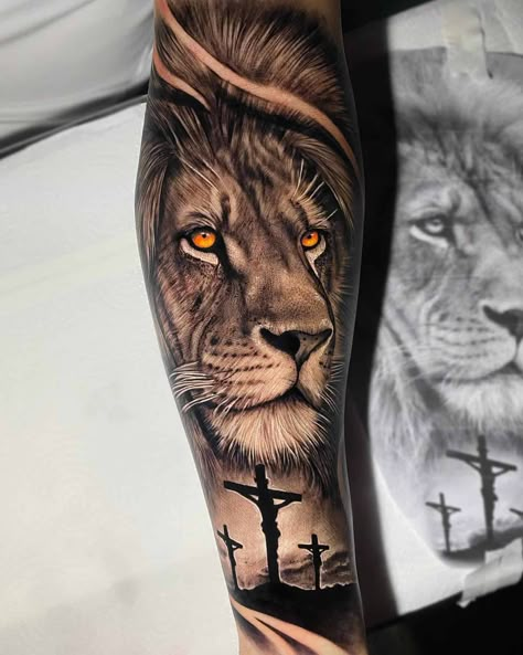 Forearm Lion Tattoo Men Ideas, Male Lion Tattoo, Lion And Cross Tattoo, Best Lion Tattoos Men, Lion Tattoo Shoulder, Lion Cross Tattoo, Lion Tattoo Arm, Lion Tattoo Men, Aesthetic Lion