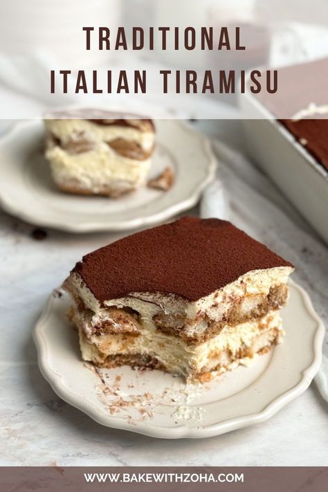 This authentic Italian tiramisu recipe is simple, easy, and made without alcohol, making it perfect for any holiday gathering, party, or any occasion where you're feeding a crowd. With just the right ratio of ladyfingers to mascarpone cream, this traditional dessert is quick to prepare, ensuring a delightful sweet treat. Head to bakewithzoha.com for the full recipe. Tiramisu With Alcohol, Tira Misu Recipe, Tiramisu Ladyfingers Recipe, Gf Tiramisu Recipe, Tiramisu Sheet Cake, Simple Decadent Desserts, Tiramisu Recipe Small Batch, Easy Italian Deserts, Terrimissu Recipe