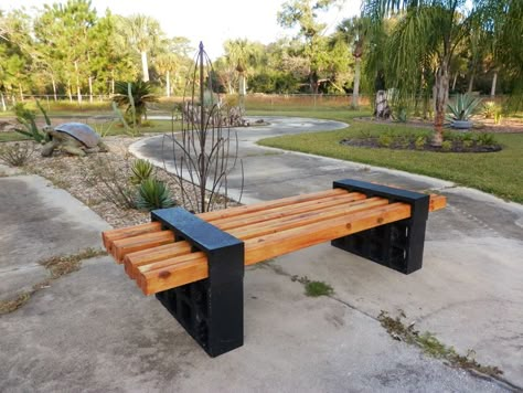 Landscape Timber Bench, Centerblock And Wood Bench, Spray Paint Cinder Blocks, Cinder Block Corner Bench, Cinder Block Dining Table, Landscape Timbers Ideas, Cylinder Block Ideas, Cylinder Block Bench, Cider Block Bench