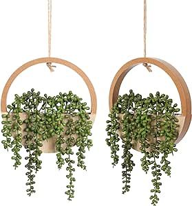 Floweroyal 2pcs Artificial Succulents Hanging Plants 12.2'' Fake String of Pearls in Pot with 8.3'' Lanyard for Indoor Outdoor Wall Decor（Wood Color） Succulents Hanging, Fake Hanging Plants, String Of Pearls Plant, Wooden Planter, Fake Succulents, Artificial Succulents, String Of Pearls, Faux Succulents, Real Plants