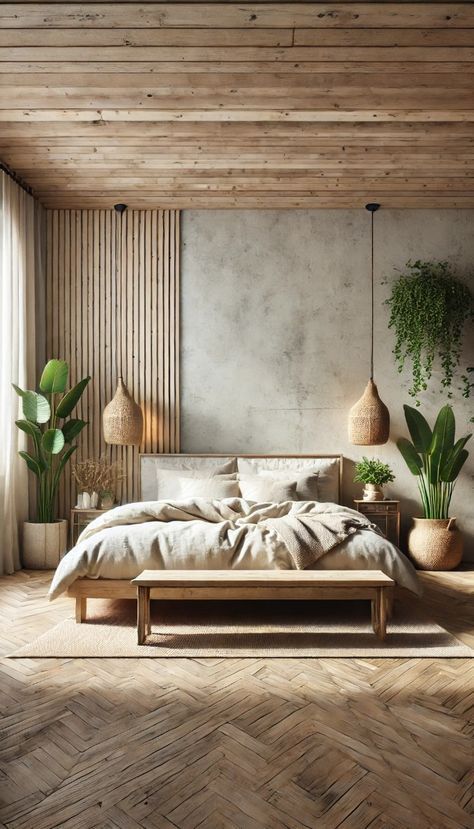 Wall Touch Bed Design, Ibiza Bedroom Interiors, Natural Luxury Bedroom, Bedroom Aesthetic Industrial, Minimalist Mediterranean Bedroom, Natural Bedroom Decor Earth Tones Modern, Small Wabi Sabi Bedroom, Tulum Interior Design Bedroom, Bedroom Ideas Wood Wall