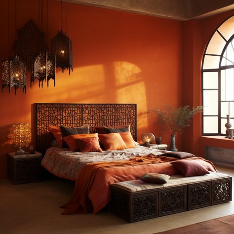 Experience the warmth and intricate beauty of these orange bedrooms, inspired by Islamic art and architecture, featuring wooden accents and stunning interplay of light and shadow. #WarmOasis #OrangeBedroom #IslamicArt #ExoticInteriors Orange Painted Rooms, Orange Bedroom Walls, Orange Bedrooms, Orange Bedroom Ideas, Burnt Orange Bedroom, Warm Bedroom Colors, Orange Accent Walls, Deco Orange, Monochromatic Room