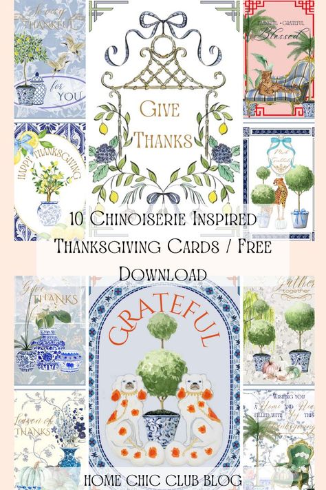 Share your thanks this season with this one of a kind Chinoiserie Inspired Thanksgiving Cards.  
They are beautiful, unique and free! Chinoiserie Printable Free, Free Thanksgiving Cards, Thanksgiving Cards Printable, Free Planner Inserts, Free Printable Thanksgiving, Free Fall Printables, Blue Chinoiserie, Printable Thanksgiving, Diy Fall Wreath