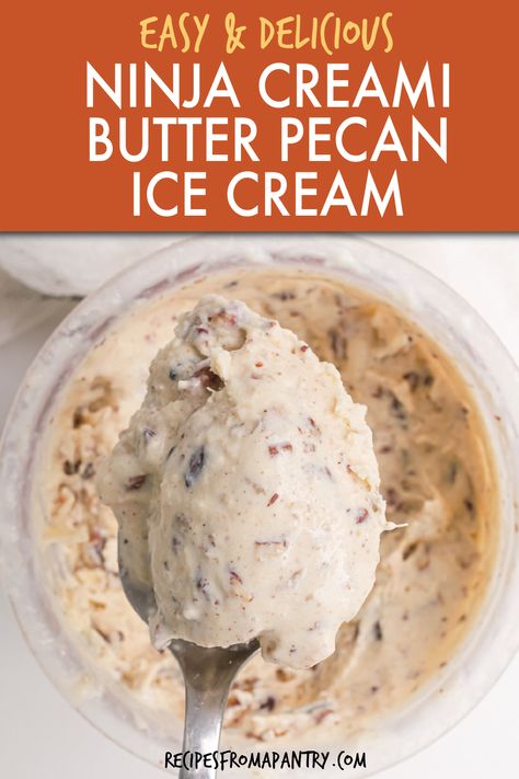 Recreate the ice cream shop classic with this Ninja Creami Butter Pecan Ice Cream recipe. All you need is 6 simple ingredients to whip up this delectable ice cream swirled with tasty buttered pecans. And the best part is it's ready to serve in just minutes, thanks to the Ninja Creami Machine! Click through to get this awesome Ninja Creami Butter Pecan Ice Cream Recipe!! #ninjacreamirecipes #ninjacreamiicecreammakerrecipes #homemadebutterpecan Ninja Creami Recipes Df, Ninja Creami Ice Cream Recipes Baileys, Cremini Ice Cream Recipes, Cinnamon Ninja Creami, Ninja Creami Ice Cream Recipes Christmas, Pumpkin Pie Ice Cream Ninja Creami, Ninja Creami Yogurt Recipes, Vanilla Ninja Creami Ice Cream Recipes, Pecan Praline Ice Cream Recipe